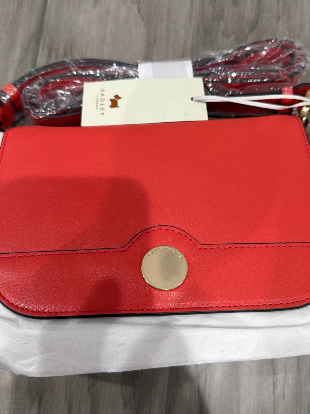RADLEY LONDON Red Leather Flap Crossbody with Gold Disc